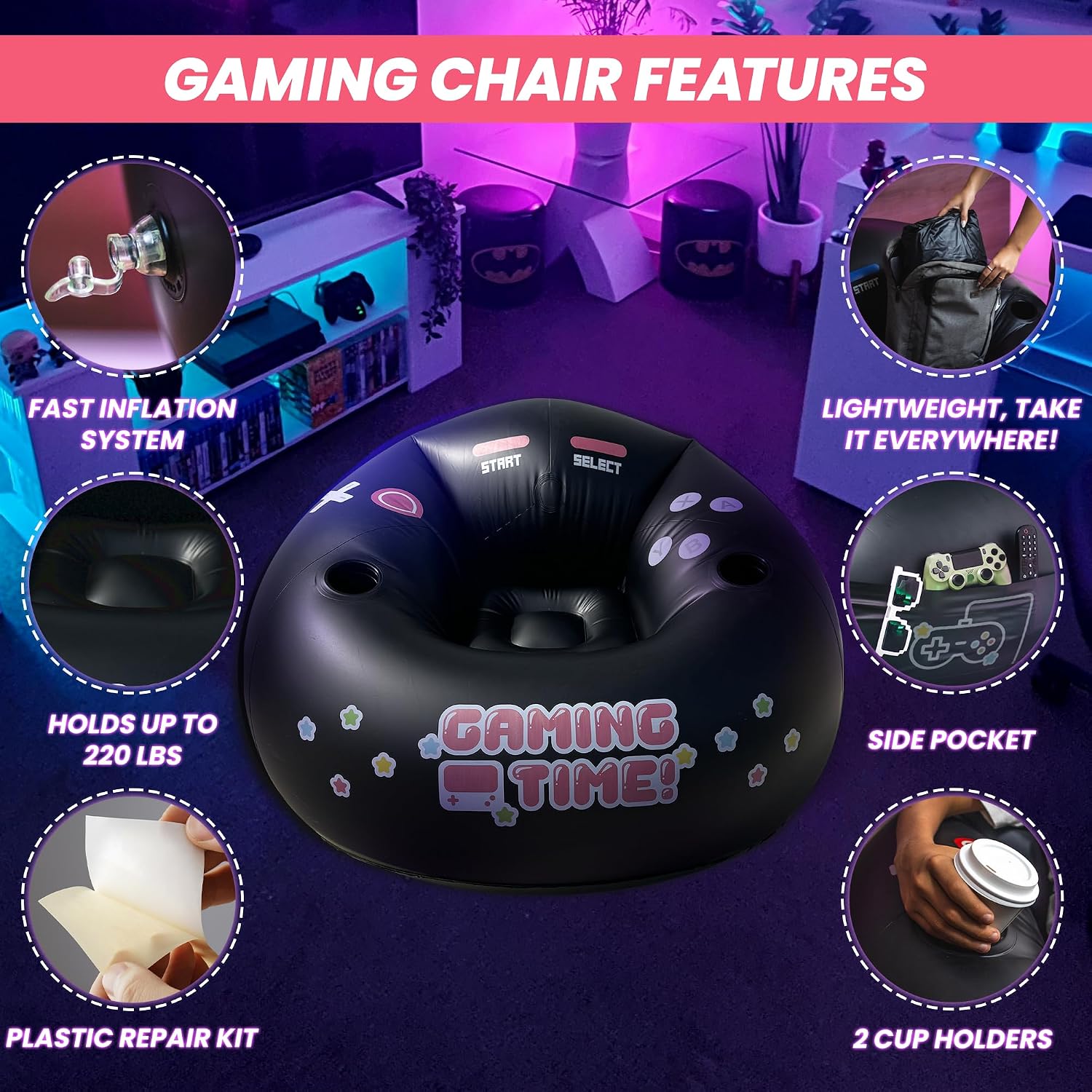 Inflatable Gaming Chair for Kids & Teens with Cup Holders and Side Pocket - This Air Gaming Bean Bag Chairs for kids is The Perfect Furniture for Gamer Room Decor - Perfect Gaming Stuff for boys 4-12