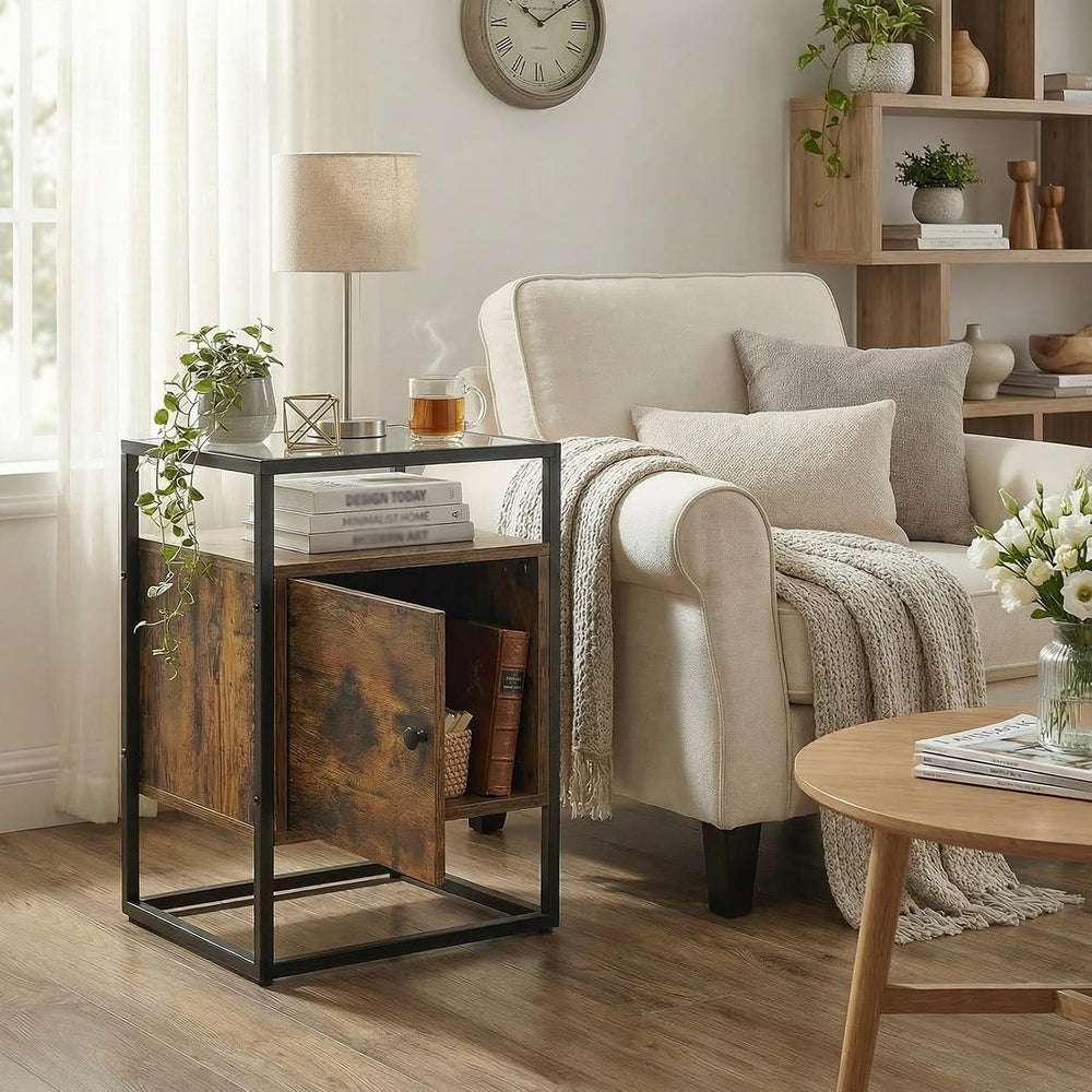 Side Table with 2 Tier Storage Cabinet, Small End Tables Wood Solid with Glas...