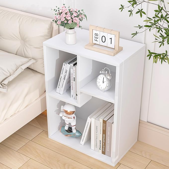 VECELO Small White Bookshelf, 3 Cube Shelf, Fits Tallest Hardcovers, Horizontal Available, Short Bookcase for Small Spaces, Pearl White