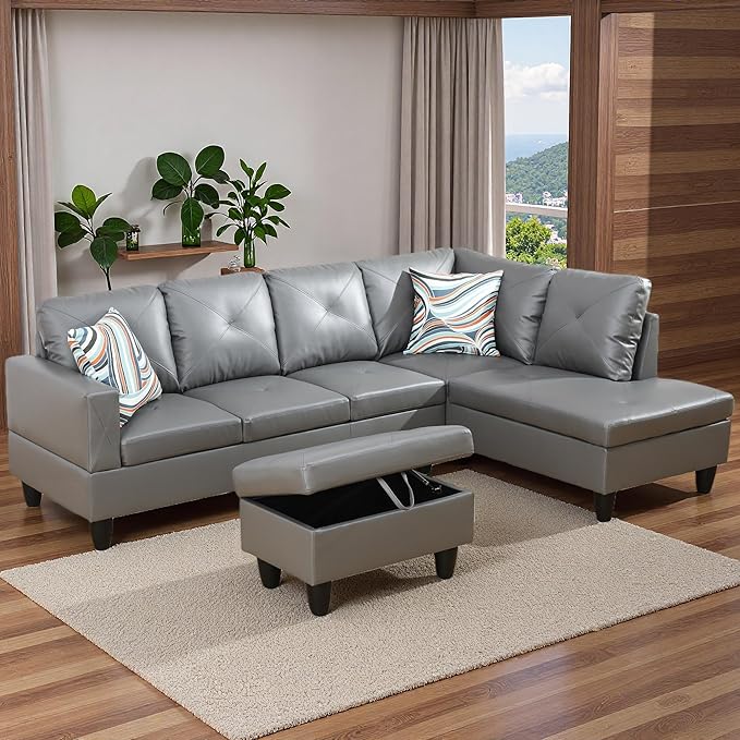 Sectional Couches for Living Room with Movable Chaise & Storage Ottoman - 97.5" Leather L Shaped Couches for Living Room Apartment, 4 Seat Home Furniture Modular Sectional Sofas, Grey