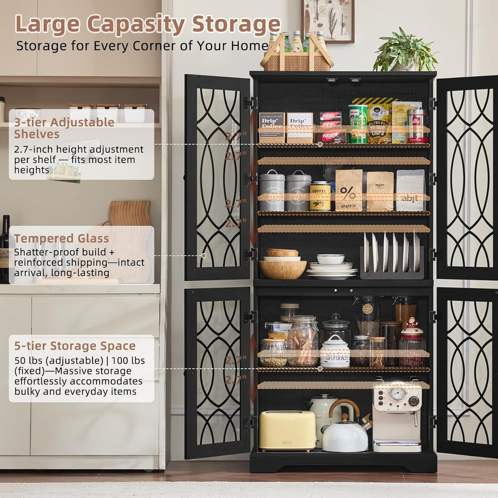 Joaxswe 67" Tall Pantry Cabinet, Wood Kitchen Pantries Cabinets with Gla...