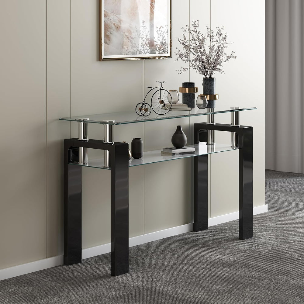 4 Piece Black Living Room Table Set, Rectangular Modern Glass Coffee Table, C...