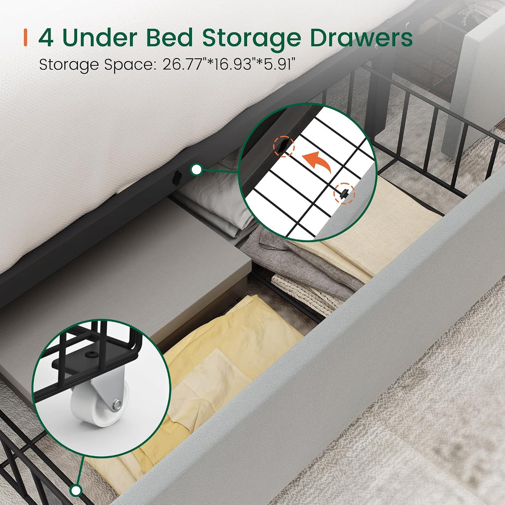 LARMACE Full Size Bed Frame Upholstered Platform Bed with 4 Storage Drawers a...
