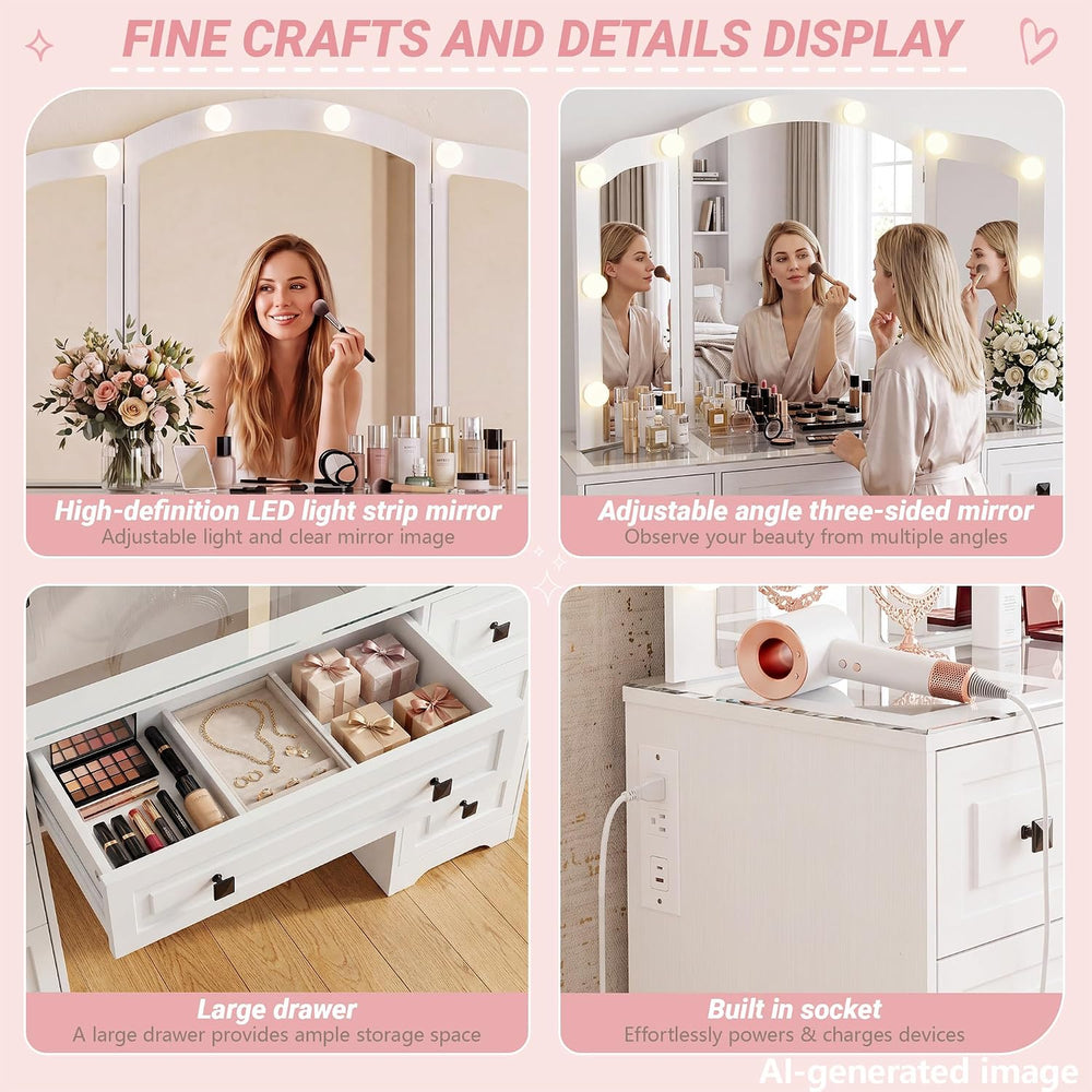 senlin Vintage Vanity with Lighted Mirror & Outlet (White) | Retro dressi...
