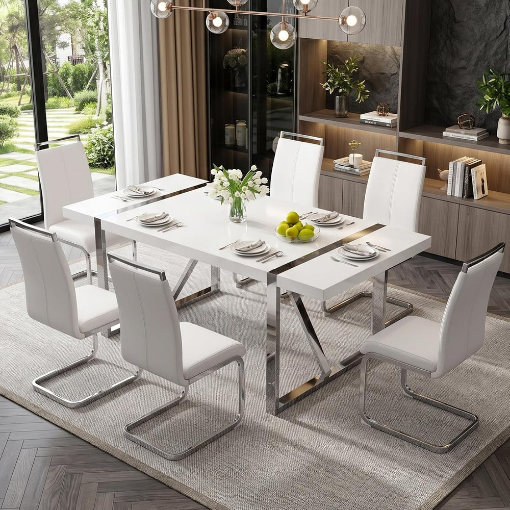 Ebullient White Dining Table Set for 6, Modern 7-Piece Dining Set