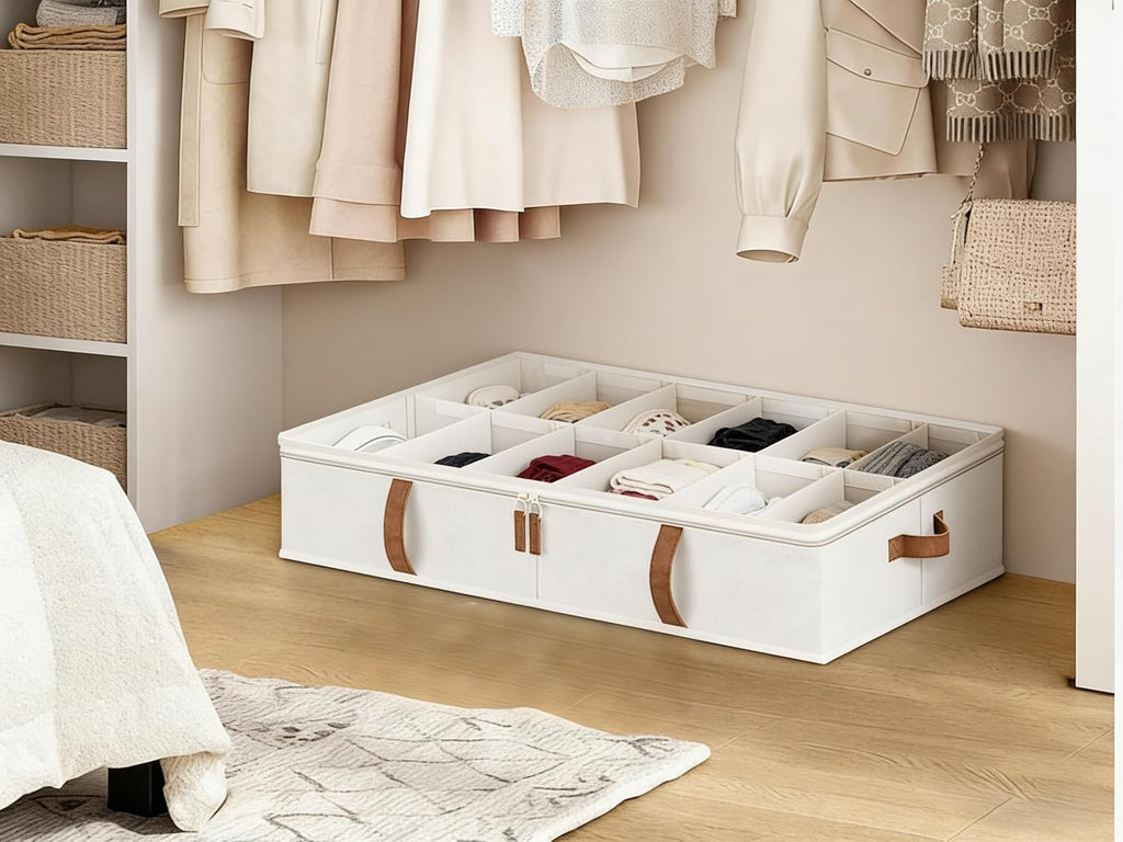 StorageWorks Shoe Organizer for Closet, Fits up to 24 Pairs, 2-Pack Ultra-thick Fabric Under Bed Shoe Storage Containers with Bottom Support and Adjustable Dividers, Beige