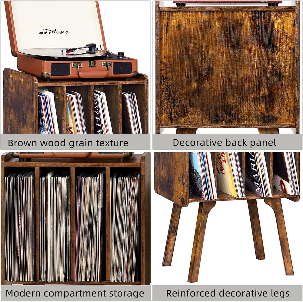 LELELINKY Small Record Player Stand, 4 Cabinet Vinyl Storage Table, Brown | W...