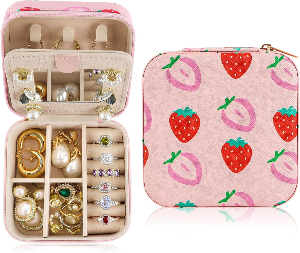 Strawberry Travel Jewelry Case Organizer, Small Jewelry Box For Rings Earrings Necklaces Lipsticks Storage Holder Case,Women Girl Birthday Christmas Gift