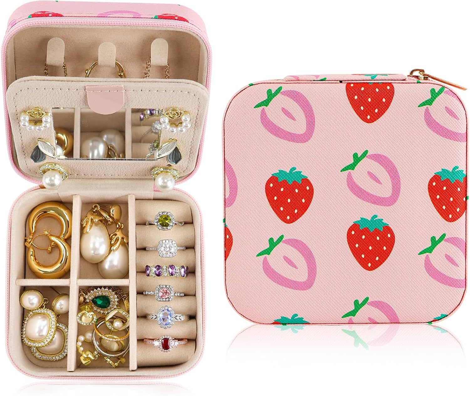Strawberry Travel Jewelry Case Organizer, Small Jewelry Box For Rings Earrings Necklaces Lipsticks Storage Holder Case,Women Girl Birthday Christmas Gift