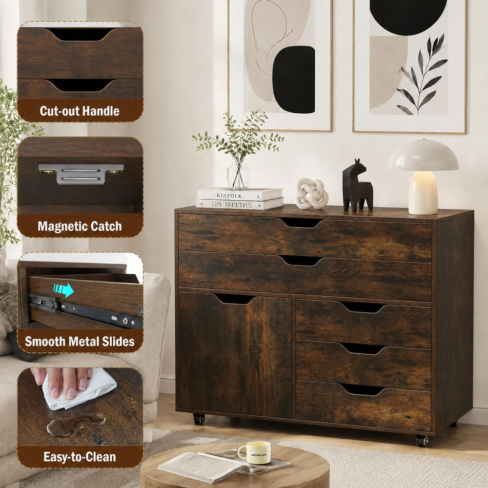 POWERSTONE Rolling File Cabinet 5-Drawer & One Side Door Storage Unit, Wo...