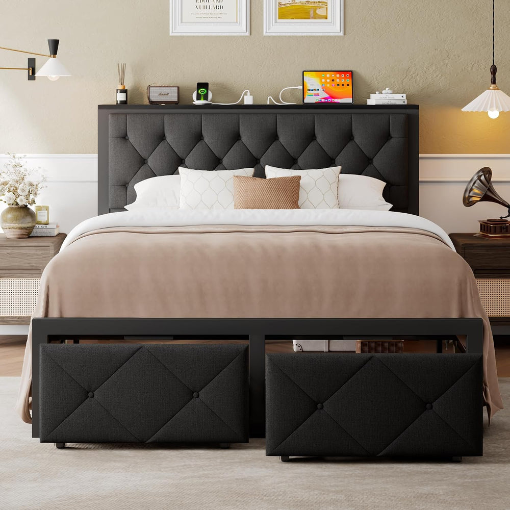 Einhomn Full Size Bed Frame with 2 Storage Drawers, Metal Platform Bed with C...