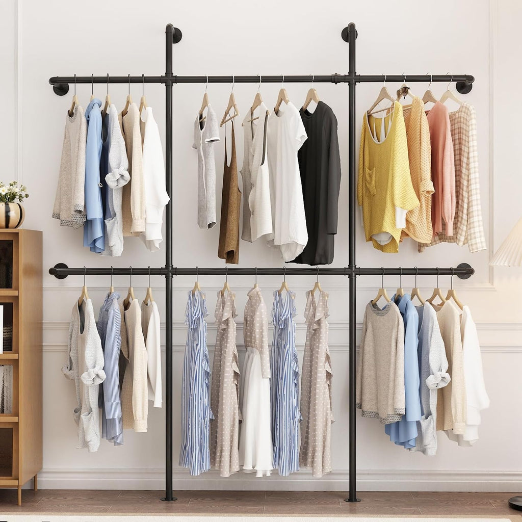 Industrial Pipe Clothing Rack Wall Mount, Black Pipe Clothes Rack with 6 Hanging Rods, Heavy Duty Pipe Clothing Rack for Laundry Room, Closet Systems for Walk in Closets