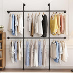 Industrial Pipe Clothing Rack Wall Mount, Black Pipe Clothes Rack with 6 Hanging Rods, Heavy Duty Pipe Clothing Rack for Laundry Room, Closet Systems for Walk in Closets