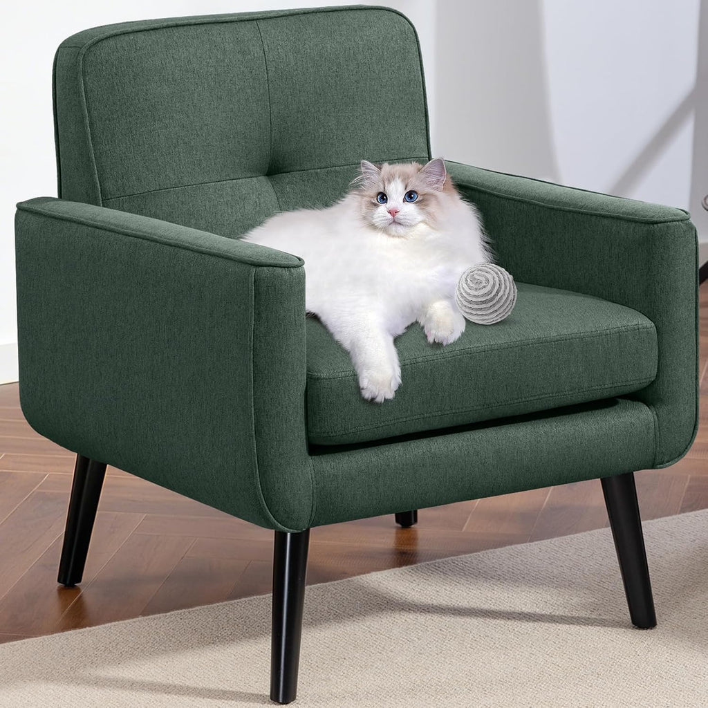 Mid Century Modern Accent Chair, Fabric Reading Armchair, Green | 300LBS Capacity, Padded Seat, Stain-Resistant Fabric, Sturdy Wood Frame, Easy Assembly, Ideal for Living Room & Bedroom
