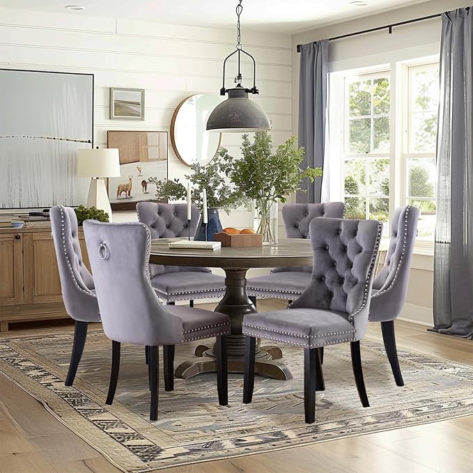 Velvet Upholstered Dining Chairs Set of 6, Modern Style Kitchen Side Chairs with Nailhead Trim and Wood Legs,Metal Pulling Ring for Dining Room Living Room(Grey,Set of 6)