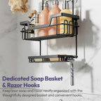 SWTYMIKI Bathroom Shower Caddy Hanging - 3 Tier Rustproof Over Shower Head Organizer, No Drilling Bathroom Shelf with 16 Hooks & Soap Holder, Anti-Swing Rack for Shampoo,Sponge,Towel, Black, Large