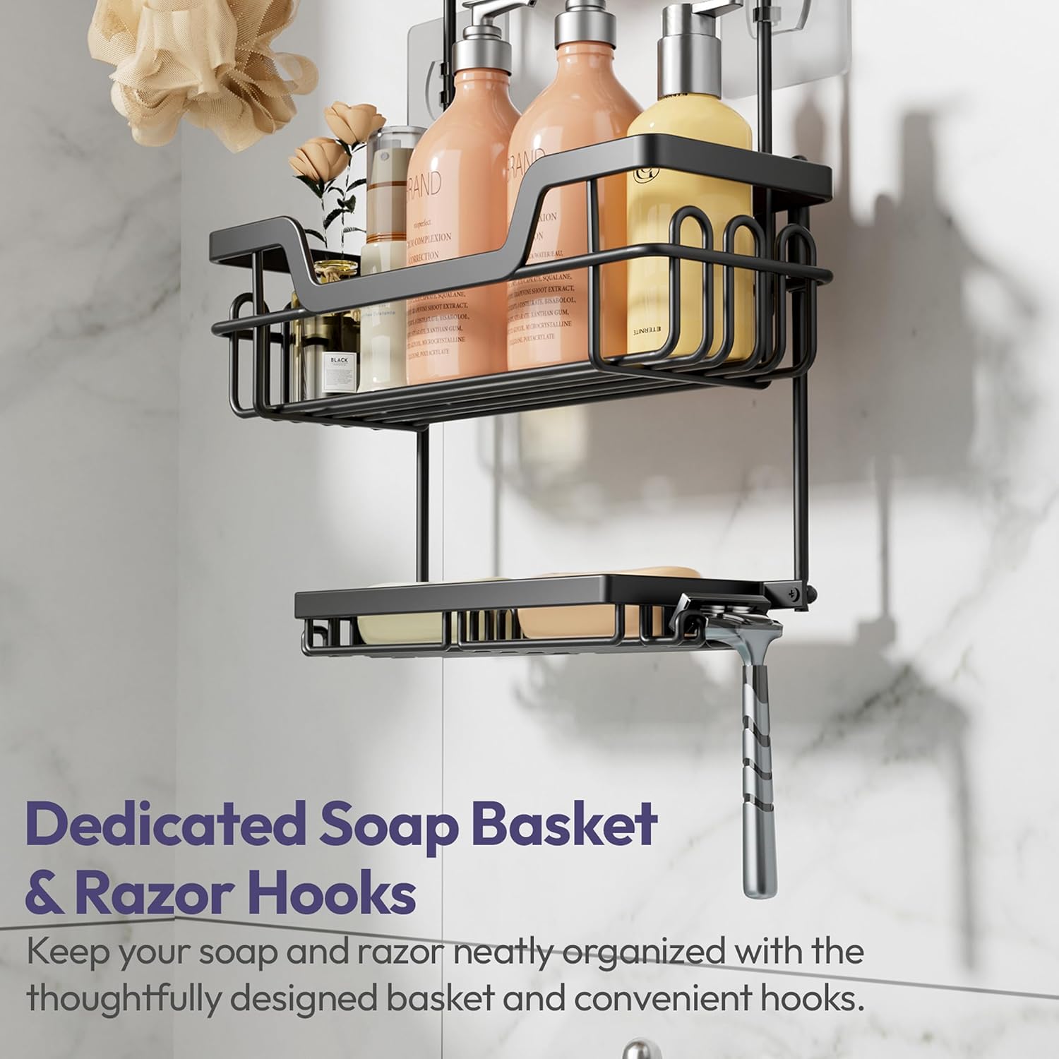 SWTYMIKI Bathroom Shower Caddy Hanging - 3 Tier Rustproof Over Shower Head Organizer, No Drilling Bathroom Shelf with 16 Hooks & Soap Holder, Anti-Swing Rack for Shampoo,Sponge,Towel, Black, Large