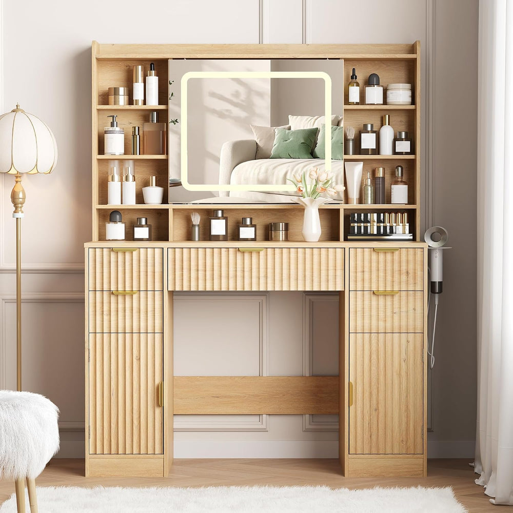Makeup Vanity Desk with Mirror, Fluted Vanity with 5 Drawers and 2 Cabinets &...