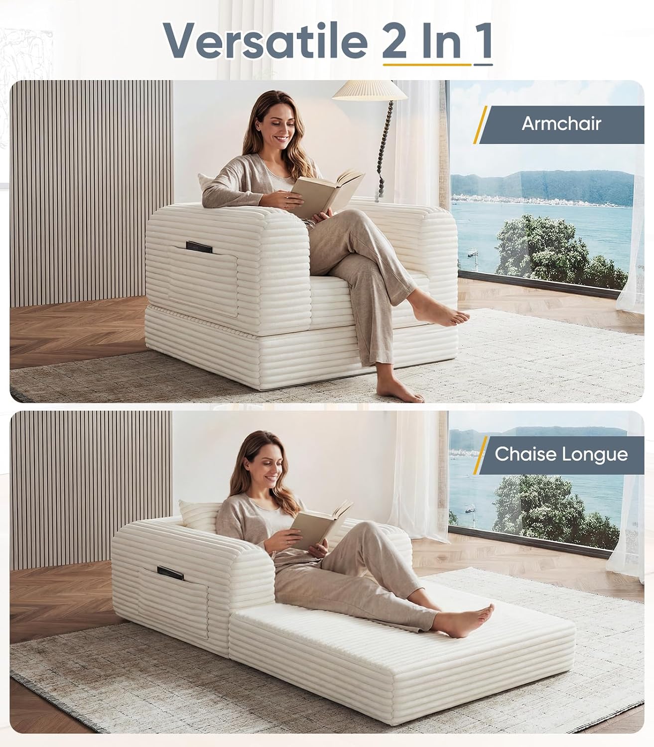 Versatile 2 in 1 Boneless Armchair Chaise Lounge Chair Indoor, Convertible Sleeper Chairs Couch Folding Sofa Bed Oversized Comfy Futon Floor Sofa BeanBag for Reading Nook Living Room Bedroom