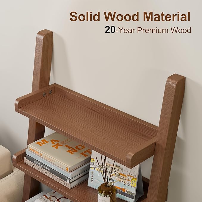 Walnut Wooden Ladder Shelf with Edges, 5-Tier Modern Leaning Bookshelf Ladder – Stylish Space-Saving Bookcase for Living Room, Bedroom & Home Office