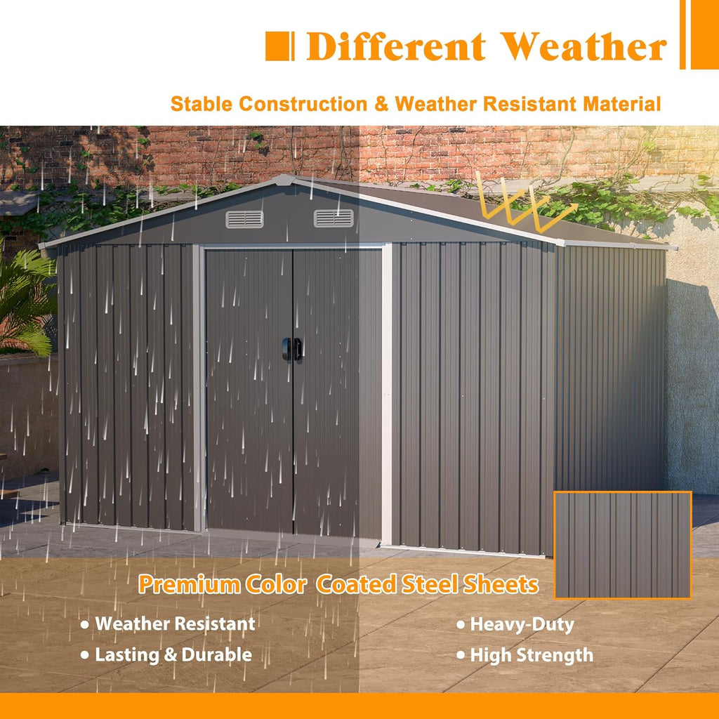 10x8 FT Outdoor Storage Shed with Floor Frame, Metal Sheds Included Double Air Vents & Lockable Sliding Door Foundation Steel Garden Tool Shed with Waterproof Roof Ideal for Backyard Patio Dark Gray