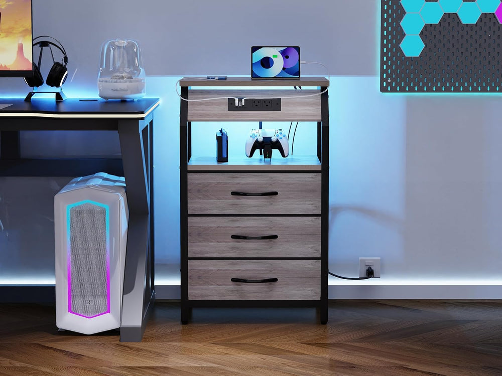SZLHANJZ End Table with 3 Drawers, Night Stand with Charger Station and LED L...