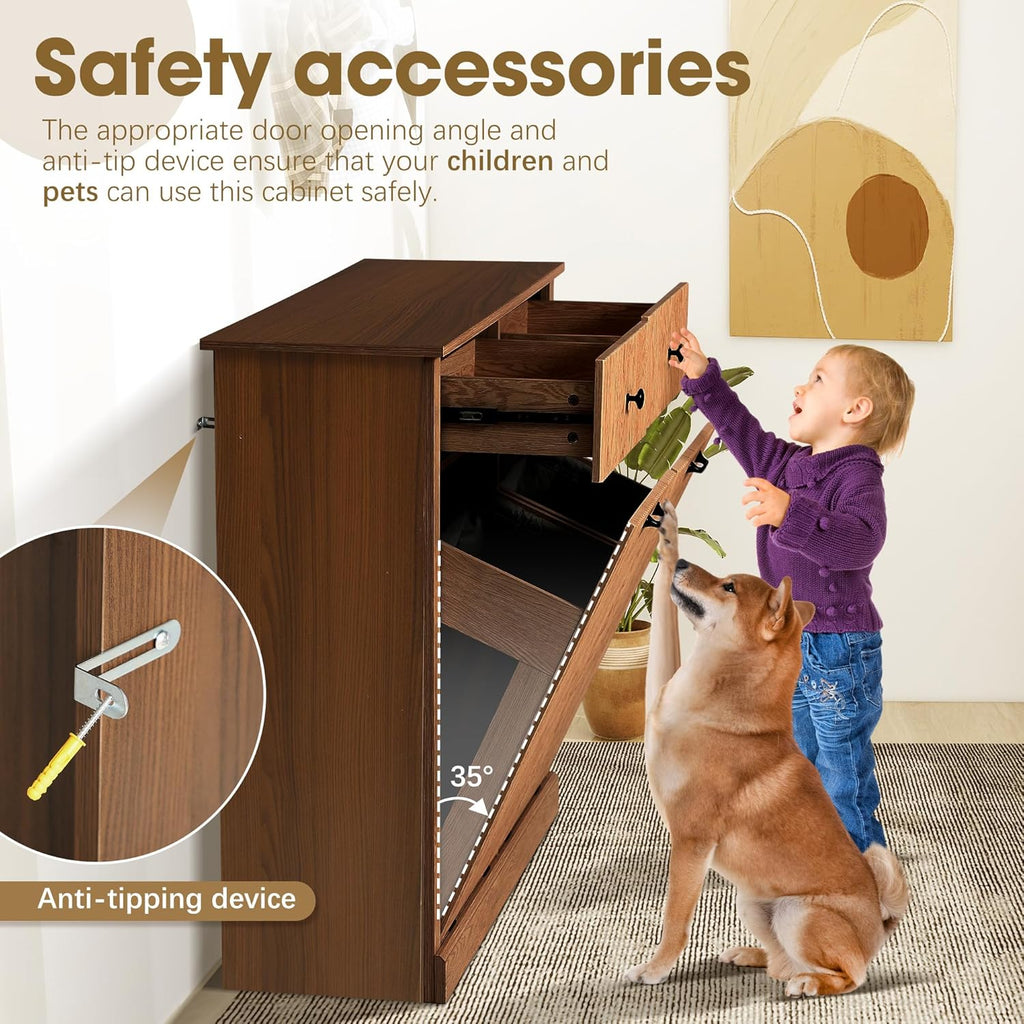 Grepatio Tilt Out Fluted Laundry Hamper Cabinet, 22 Gallon Double Hidden Laundry Hamper, Wooden Trash Can Cabinets with 2 Drawers, Modern Garbage Can Cabinet for Bathroom, Kitchen (Brown, Double)
