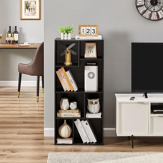 VECELO 42" Modern Bookshelf,7 Cube Organizer Bookcase,Fits Tallest Hardcovers, Horizontal Available,Floor Standing Display,Easy Assembly, Matte Black
