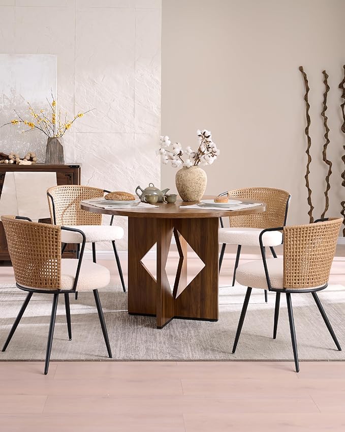BedsPick Rattan Dining Chairs Set of 2 - Farmhouse Upholstered Cane Back Kitchen Chair with Boucle Cushion, Wingback Dining Room Seat with Metal Legs for Home, Kitchen (Brown)