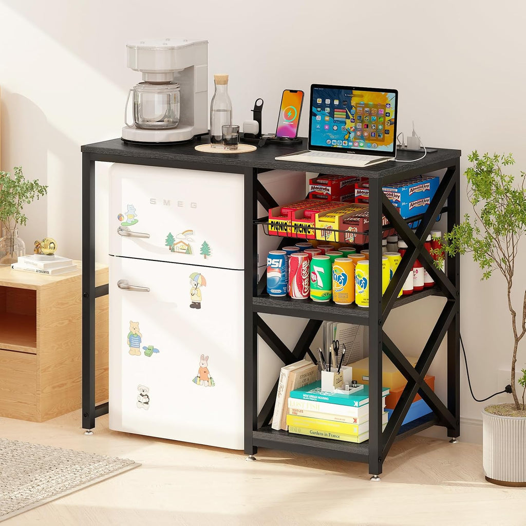 METYERRY Kitchen Bakers Rack with Power Outlet,Mini Fridge Cabinet with Mesh Basket, Mini Fridge and Microwave Table with Storage for Office,Kitchen,Living Room,Coffee Bar,Patio, Black