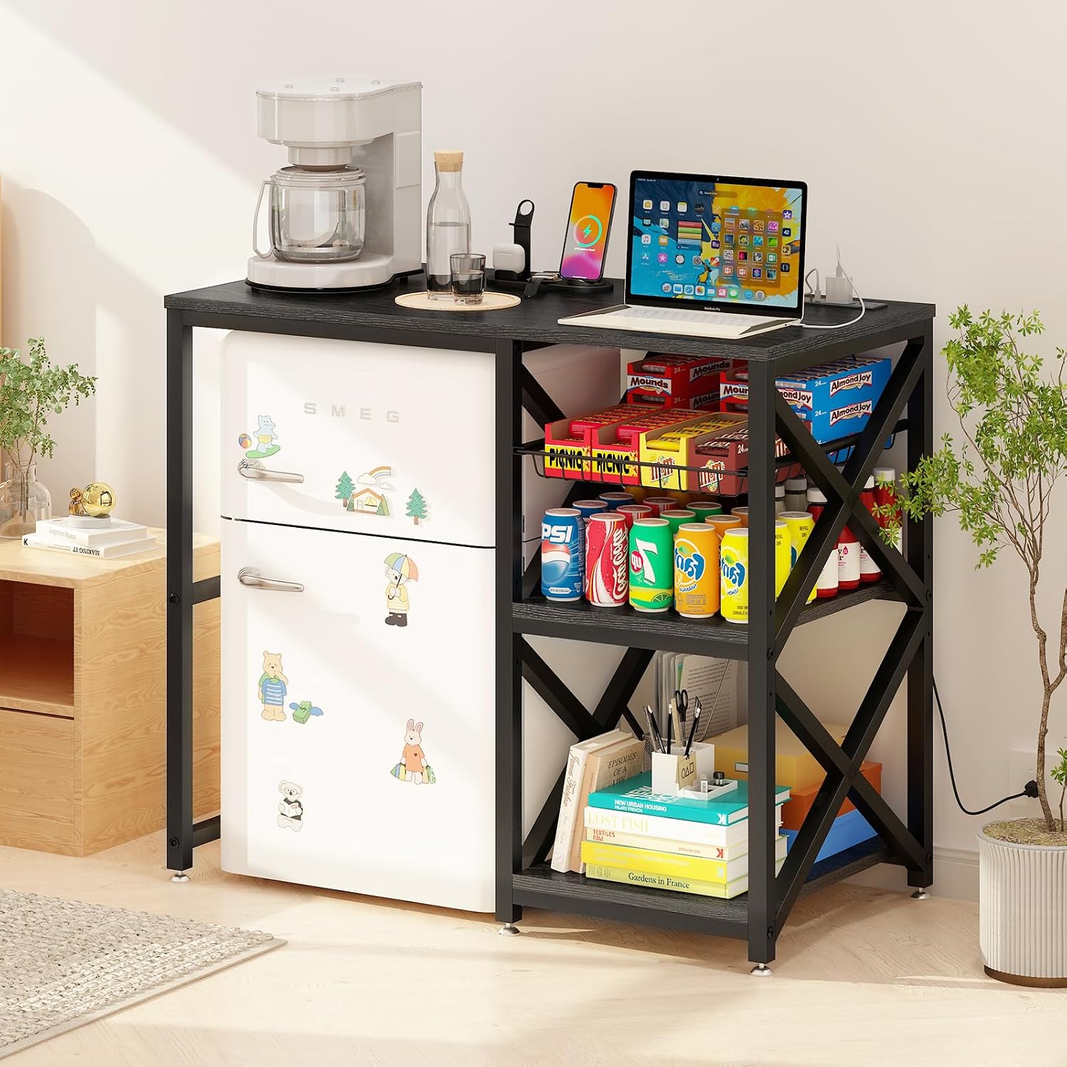 METYERRY Kitchen Bakers Rack with Power Outlet,Mini Fridge Cabinet with Mesh Basket, Mini Fridge and Microwave Table with Storage for Office,Kitchen,Living Room,Coffee Bar,Patio, Black