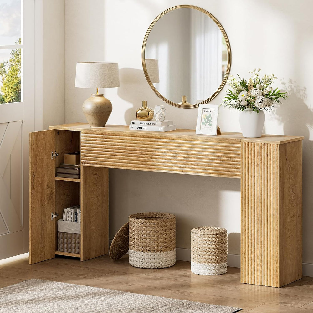 FABATO 61” Fluted Long Console Table with 2 Hidden Storage Cabinets, Wood | W...