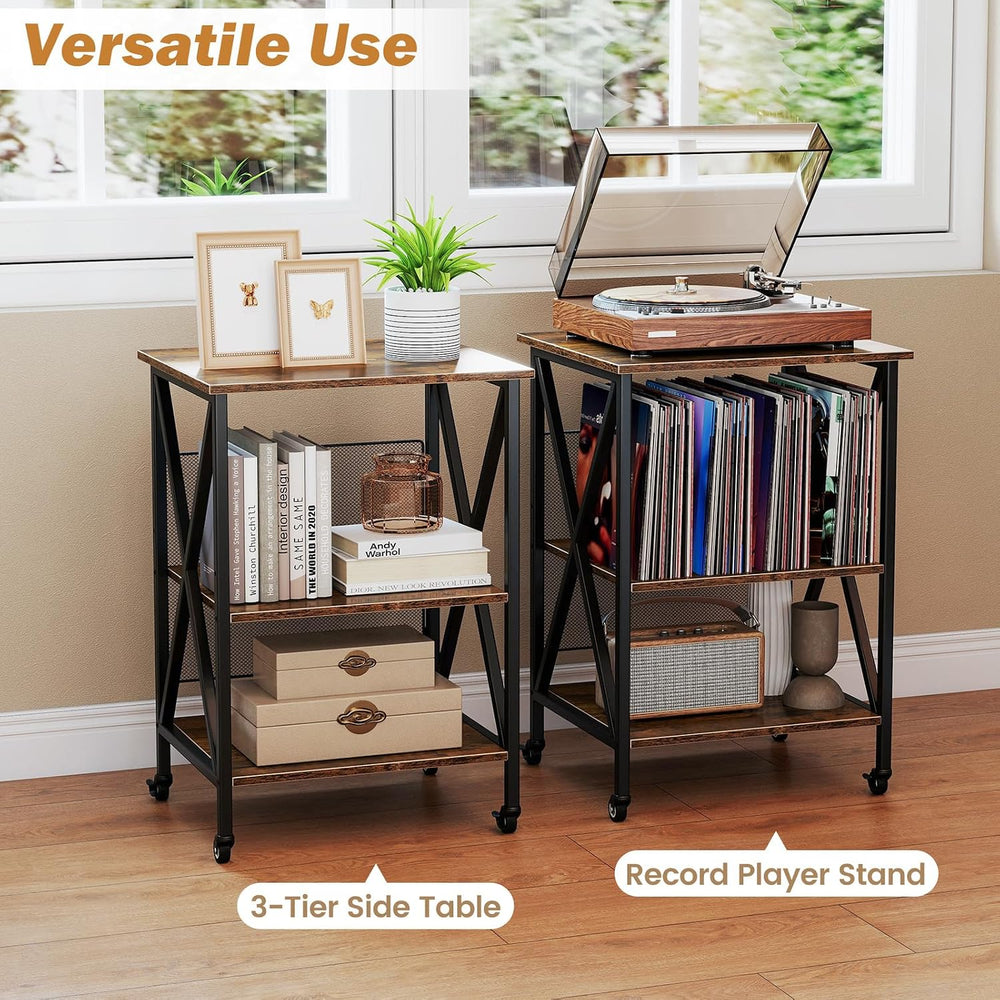 GOFLAME Record Player Stand with Power Outlet, 3-Tier Industrial Rolling Turn...