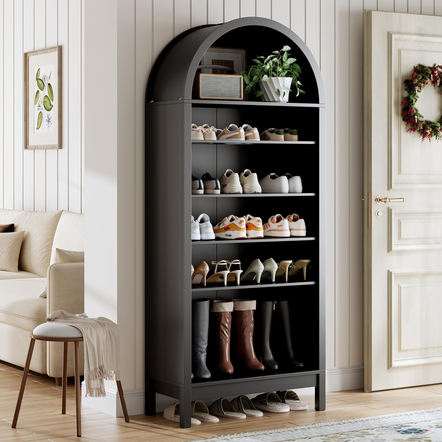 70" Tall Arched Shoe Cabinet, 7-Tier Shoe Rack with 3 Adjustable Shelves, Large Freestanding Shoe Organizer for Entryway, Closet, Hallway, Living Room (Midnight Black)