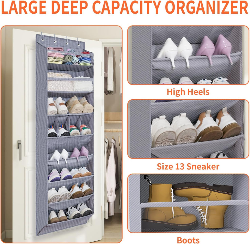 FENTEC 1 Pack Over The Door Shoe Organizer,68" Exlarge Deep Pockets Hanging Shoe Organizers, 8 Shelves Shoe Rack for Closet, Shoe Holder for Boots,Over Door Organizer in Home, RV, Dorm, Grey