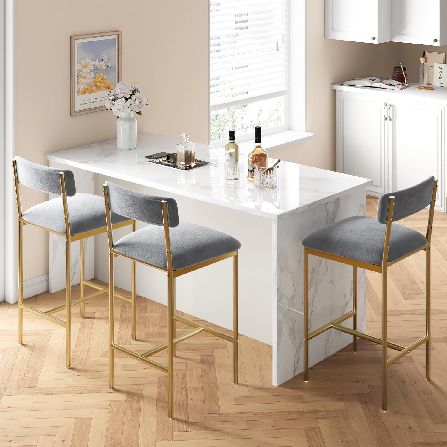 IDEALHOUSE Elegant Bar Stools Set of 2 - with Backrest and Footrest | Gold & Velvet Grey Upholstery, 65cm Counter Height, Metal Frame - Perfect for Kitchen Island & Counter - Two Pack Bar Chairs
