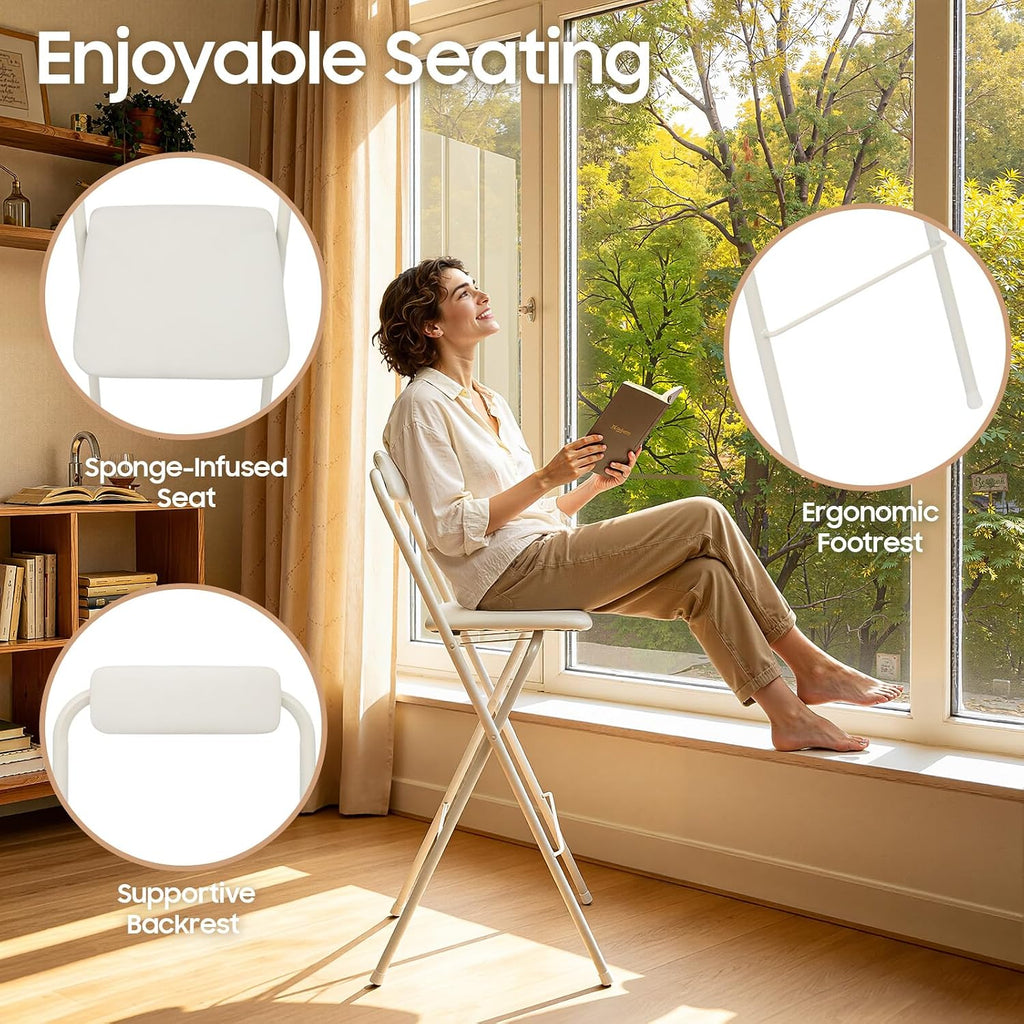 Folding Bar Stool with Backrest, 27.56" Counter Height Portable Cushioned Stool, Metal Frame Tall Chair for Kitchen Island Dining Room Cafe Dessert Shop 1 PCS Easy Storage (White)