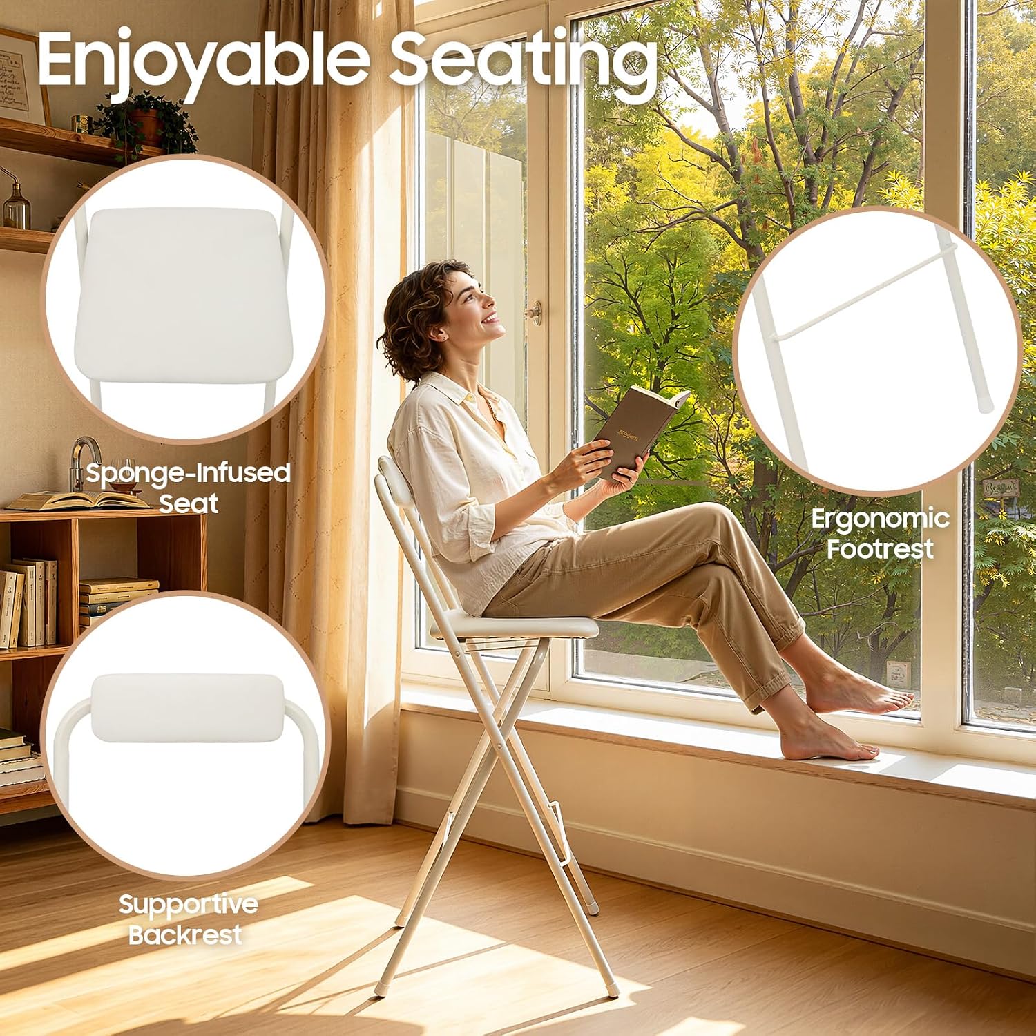 Folding Bar Stool with Backrest, 29.5 Inch Tall Foldable Stool Chair Portable High Folding Bar Chair Counter Height Seat, for Kitchen Island Shop Cafe Dining Room White