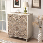 COSIEST Set of 2 32" Buffet Sideboard Cabinets with Vintage Firework Carved Pinewood Doors, Push-to-Open, Storage Accent Cabinet for Living Room, Kitchen, Hallway, Gray