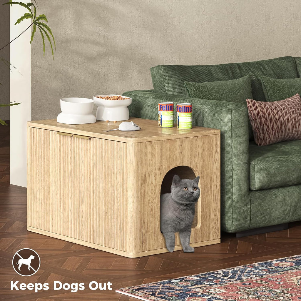 31.5" Oak Cat Litter Box Enclosure Furniture, Large Decorative Hidden Litter Box Cabinet, Fluted Modern Bohemia Kitty End Table for Living Rooms, Entryways, or Bedrooms