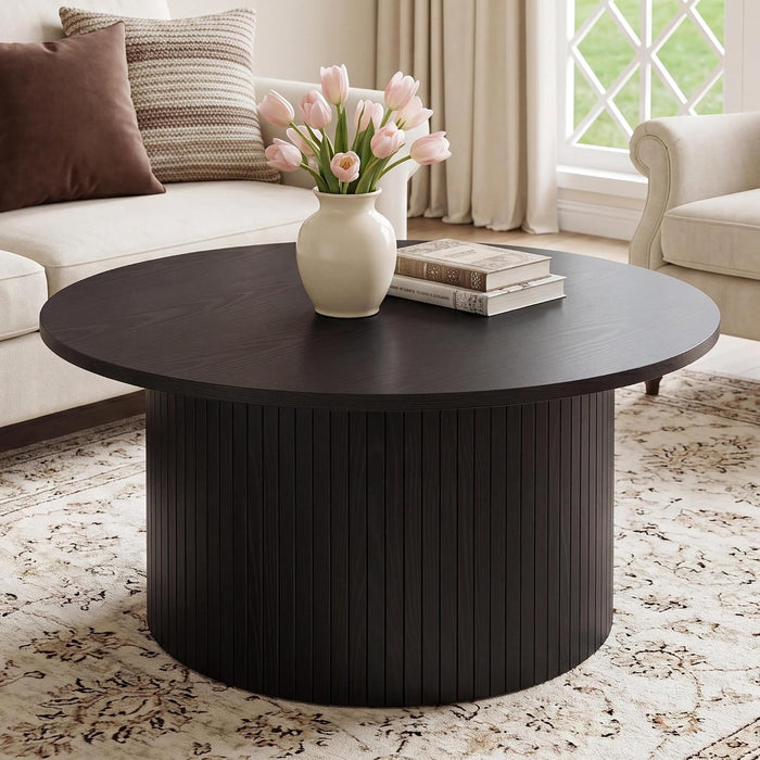 Garvee 31.5" Round Coffee Table, Small Coffee Table with Fluted, Black