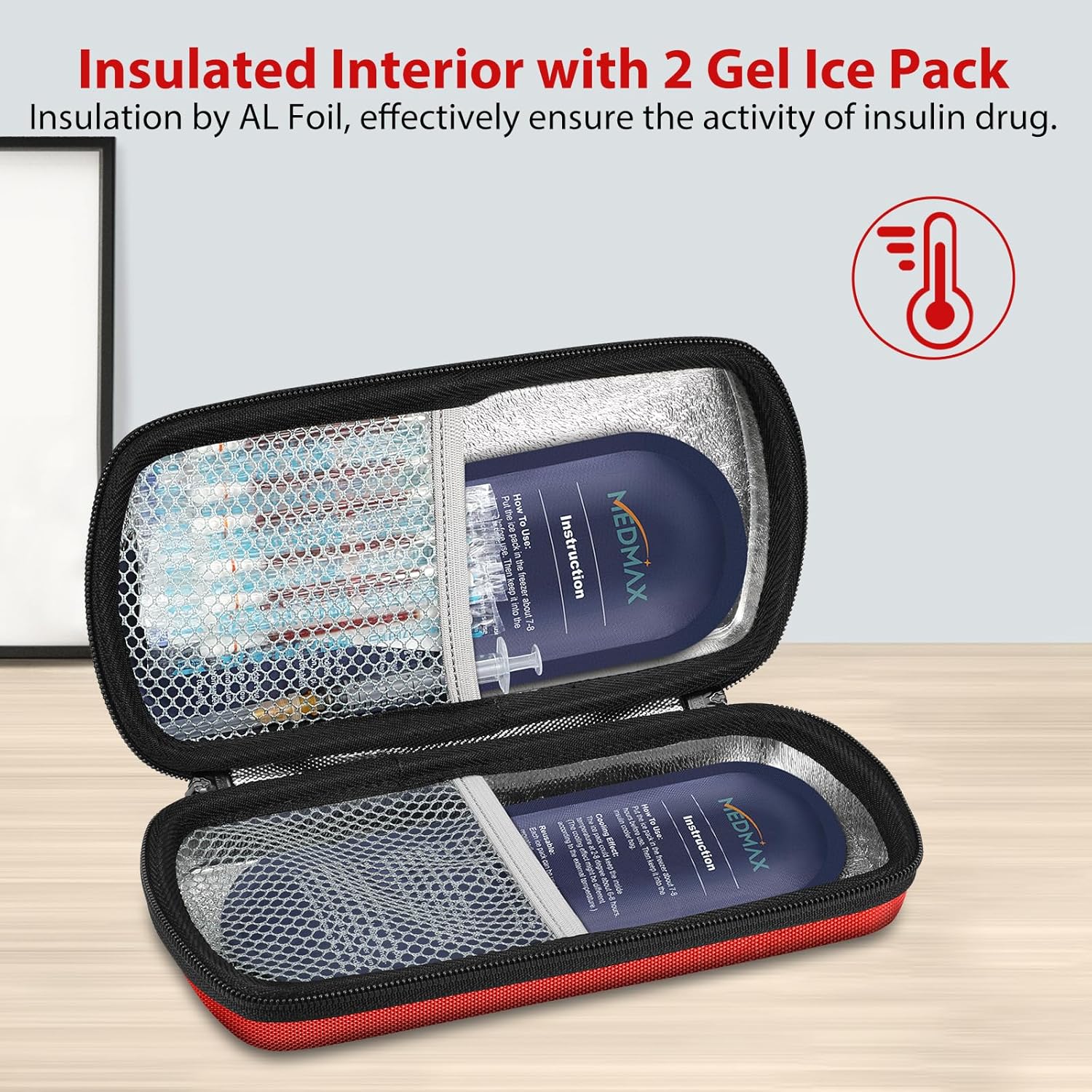 Hard Shell Insulin Cooler Travel Case with 2 Ice Pack, Shock Absorption Insulated Diabetic Medication Organizer Carrying Bag with Extra Pouch for Insulin Pen and Other Diabetic Supplies, Red