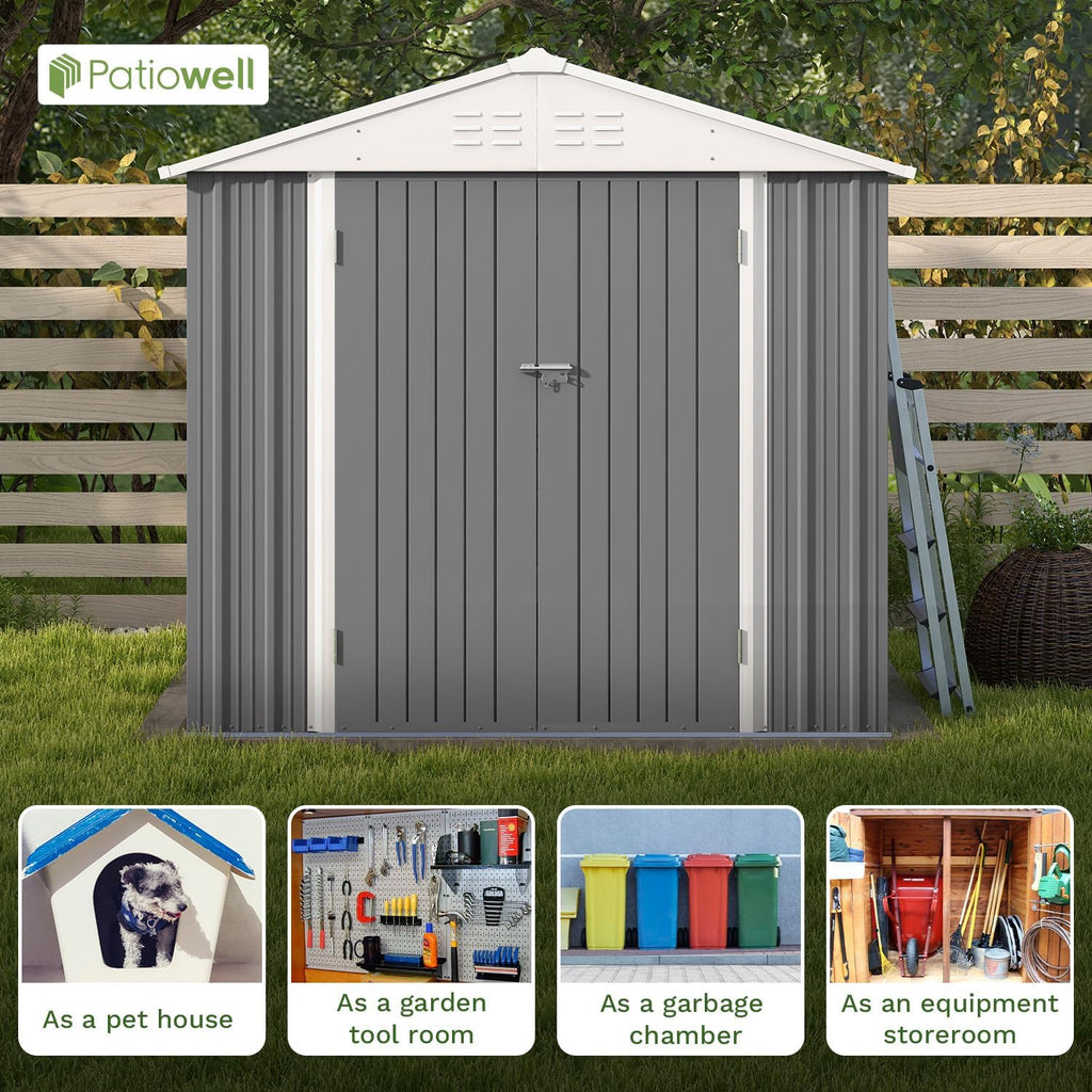 Patiowell 8x6 FT Outdoor Storage Shed, Garden Storage Shed with Sloping Roof and Double Lockable Door, Outdoor Shed for Backyard Garden Patio Lawn, Gray