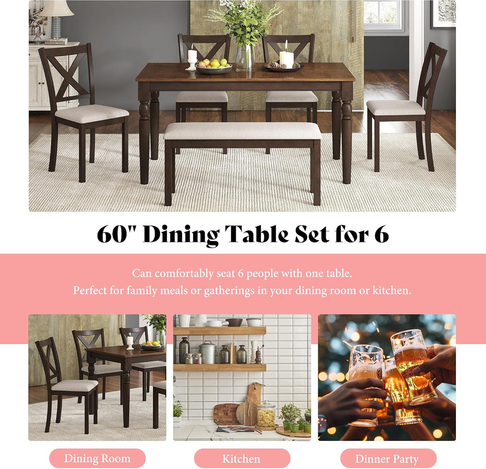 AMERLIFE 6-Piece Farmhouse Dining Table Set for 6-7, 60" Solid Wood Kitc...
