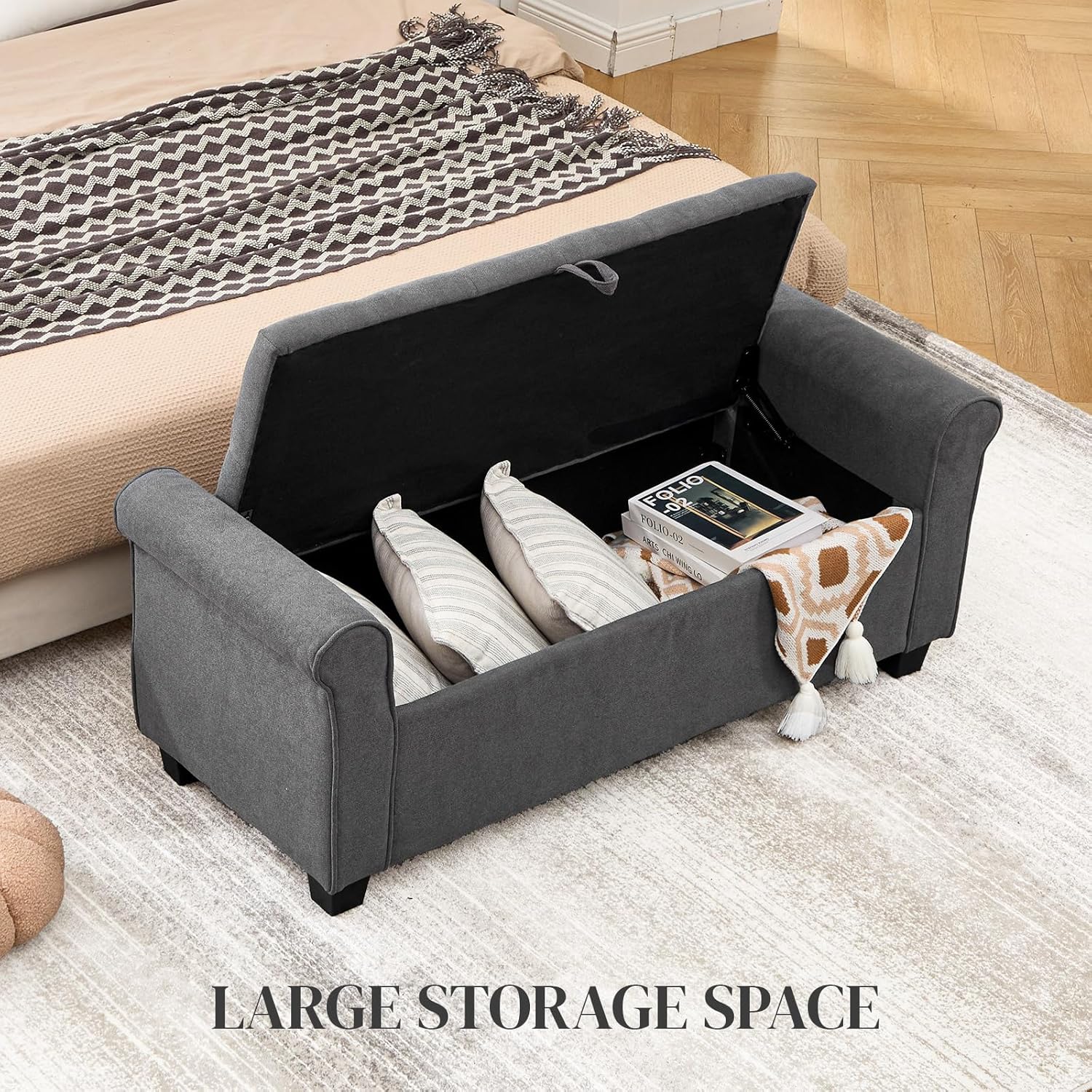 49" End of Bed Storage Bench for Bedroom, Upholstered Storage Ottoman | Easy Assembly with Instructions, Pet Friendly, Polyester Fabric Ottoman Bench for Bedroom, Living Room, Window, Entryway