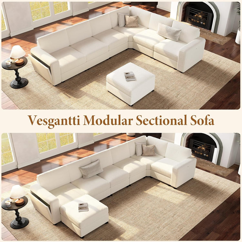 Vesgantti Oversized 6-Seater Chenille L Shaped Sectional Sofa, Beige | Modular, with Ottoman, Storage Armrests, Comfy Couch for Living Room, Apartment, Breathable Fabric, Pet-friendly