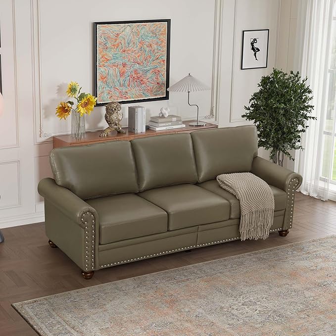 Faux Leather Sofa,82" W Mid Century Modern Couch with Storage Place,Oversized 3 Seater Sofa with Nailhead Trim&Rolled Armrests,Deep Seat Comfy Couch for Living Room,Bedroom,Apartment,Office(Taupe)