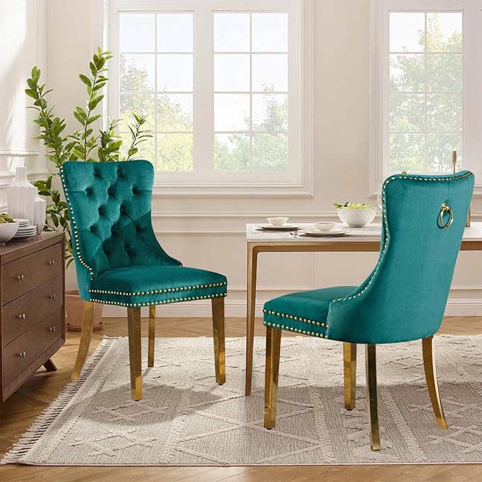 Velvet Upholstered Dining Chairs Set of 2, Modern Style Kitchen Side Chairs with Nailhead Trim and Gold Plated Leg, Metal Pulling Ring for Dining Room Living Room(Green,Set of 2)