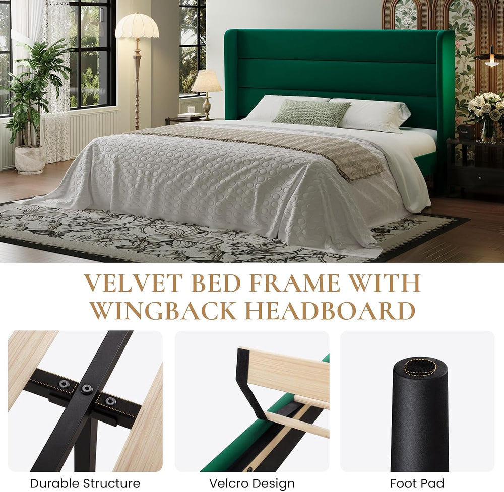 SHA CERLIN King Size Velvet Bed Frame with Wingback Headboard/Upholstered Pla...