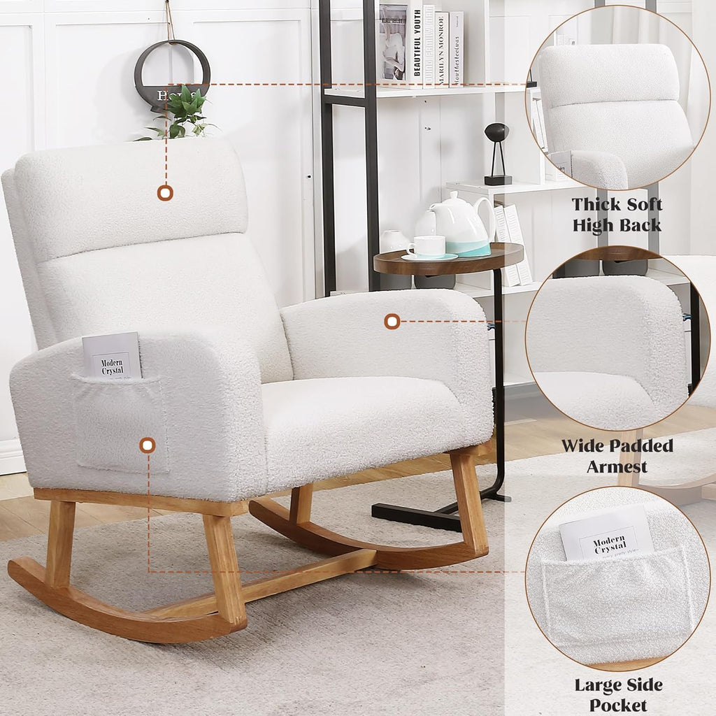 HCHAIRH Rocking Chair Nursery, Sherpa Nursing Rocking Armchair for Mom Nursery Morden Rocker Chair with High Backrest for Living Room,Bedroom,Teddy White